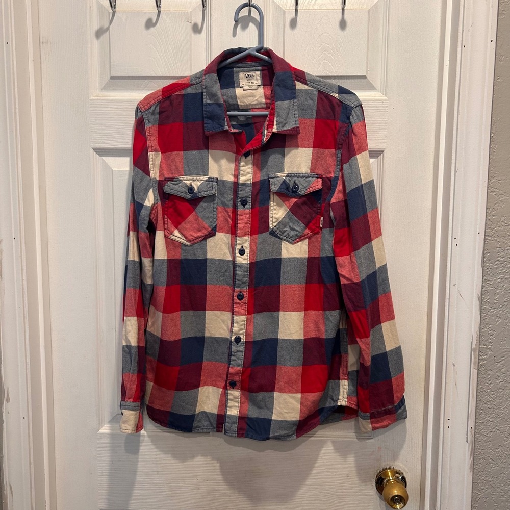 Vans Plaid Flannel Shirt Long Sleeve Button Up Red Blue Cream Mens Large Y2K